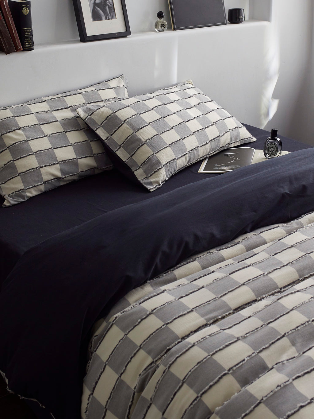 Ashwood Fringe Check Cotton Clipped Jacquard Duvet Cover original reference image 1