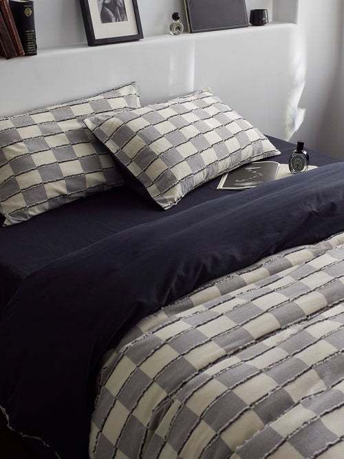 Ashwood Fringe Check Cotton Clipped Jacquard Duvet Cover original reference image 1