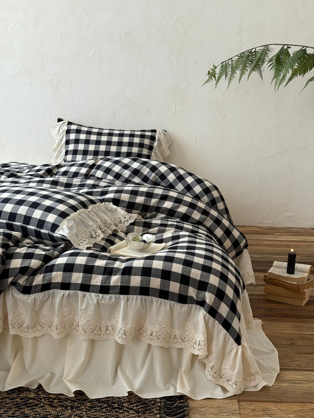 Black Gingham Lace Trim Cotton Duvet Cover original reference image 1