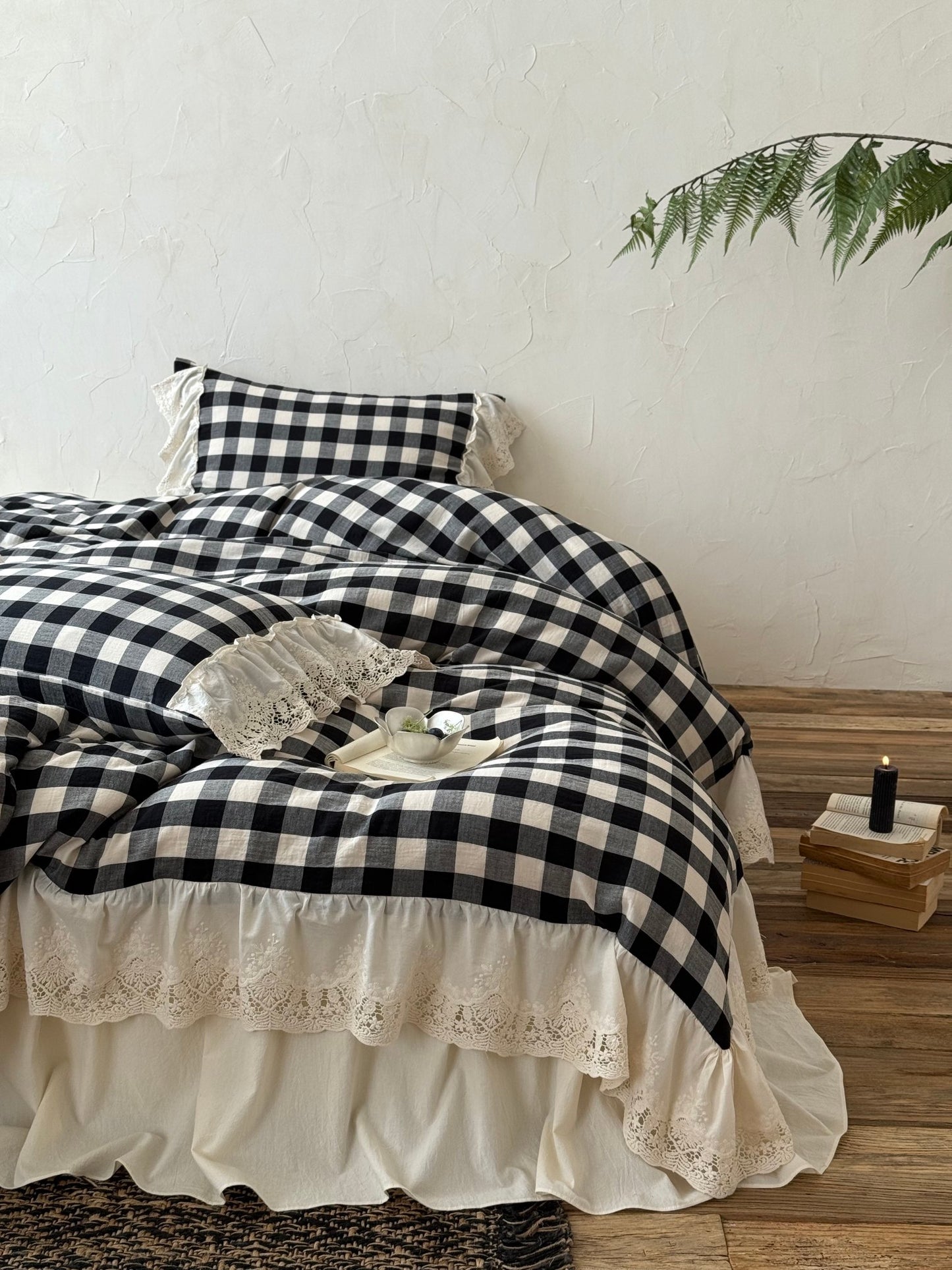 Black Gingham Lace Trim Cotton Duvet Cover original reference image 1