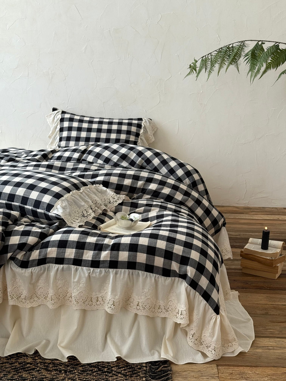 Black Gingham Lace Trim Cotton Duvet Cover original reference image 1