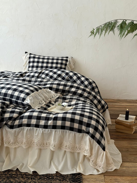Black Gingham Lace Trim Cotton Duvet Cover original reference image 1