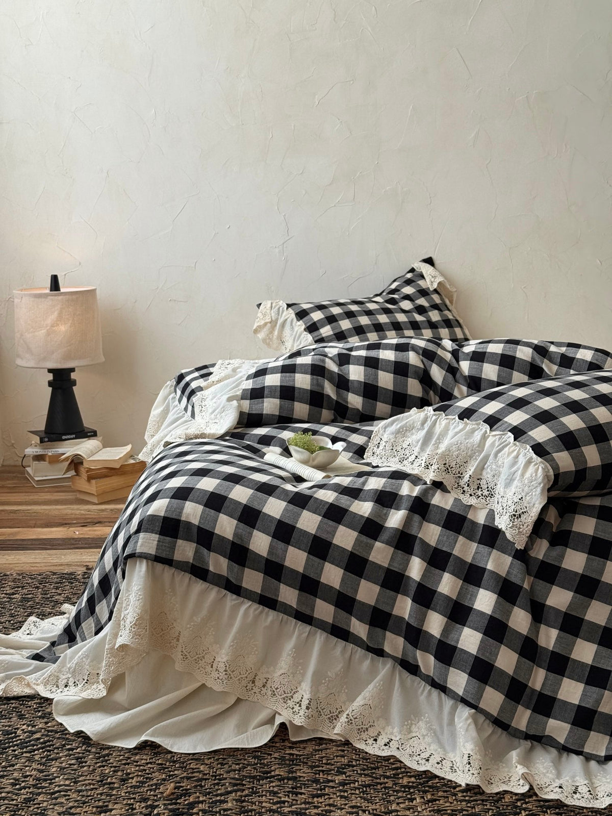 Black Gingham Lace Trim Cotton Duvet Cover original reference image 2