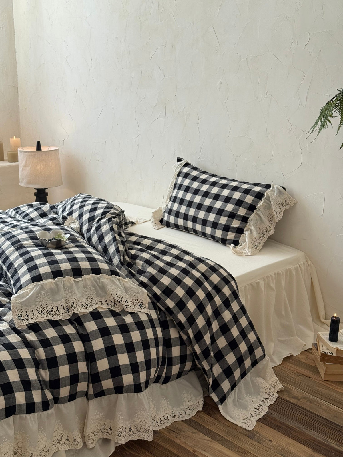 Black Gingham Lace Trim Cotton Duvet Cover original reference image 3