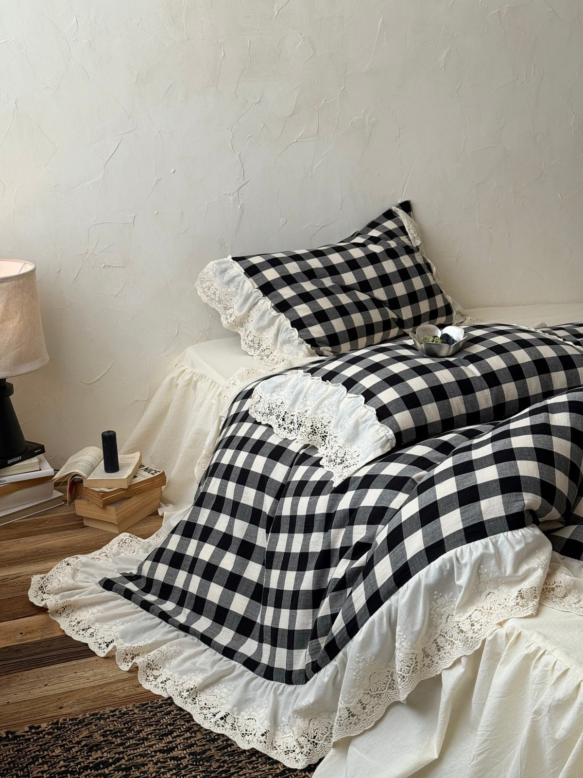 Black Gingham Lace Trim Cotton Duvet Cover original reference image 4
