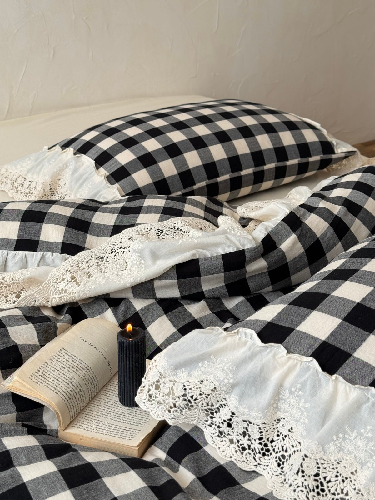 Black Gingham Lace Trim Cotton Duvet Cover original reference image 5