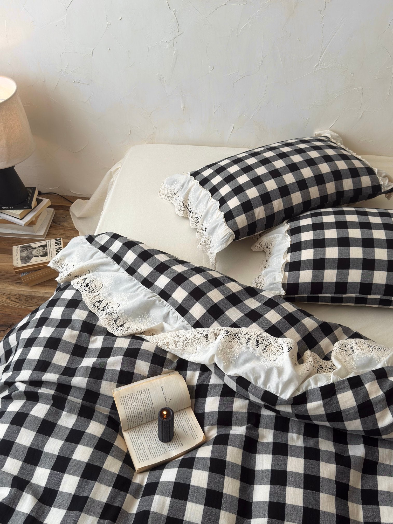 Black Gingham Lace Trim Cotton Duvet Cover original reference image 6
