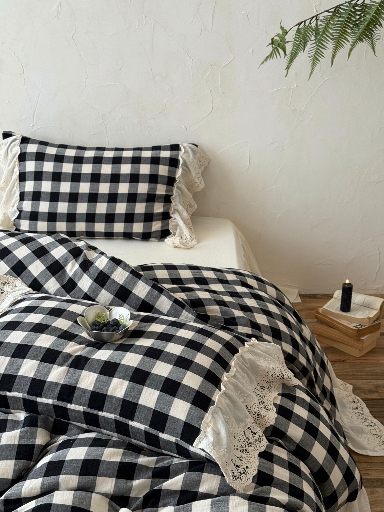 Black Gingham Lace Trim Cotton Duvet Cover original reference image 7