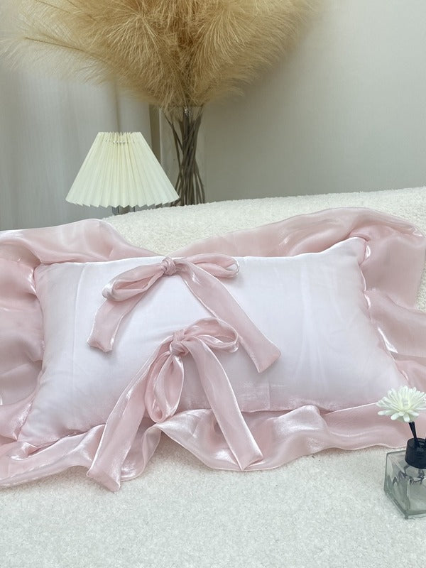 Blush Pink Bow Ruffle Organza Lumbar Throw Pillow original reference image 2