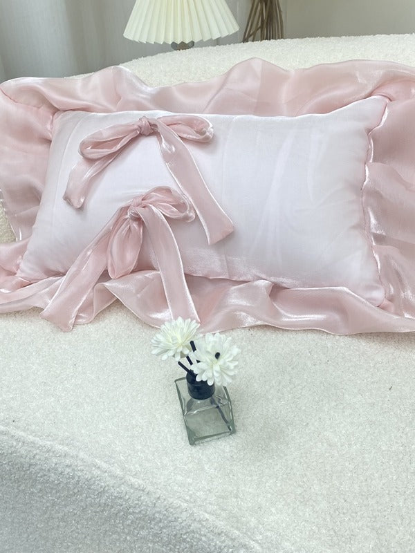 Blush Pink Bow Ruffle Organza Lumbar Throw Pillow original reference image 4