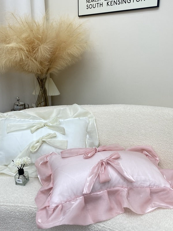 Blush Pink Bow Ruffle Organza Lumbar Throw Pillow original reference image 8