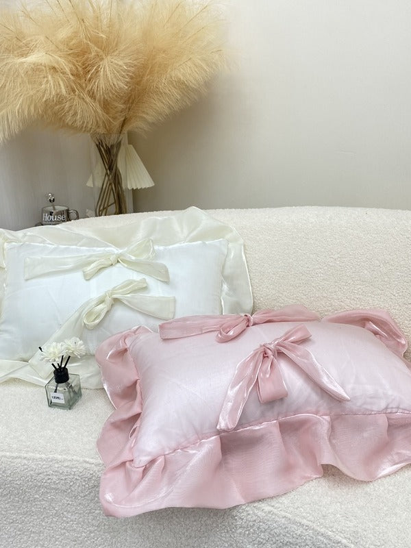 Blush Pink Bow Ruffle Organza Lumbar Throw Pillow original reference image 10