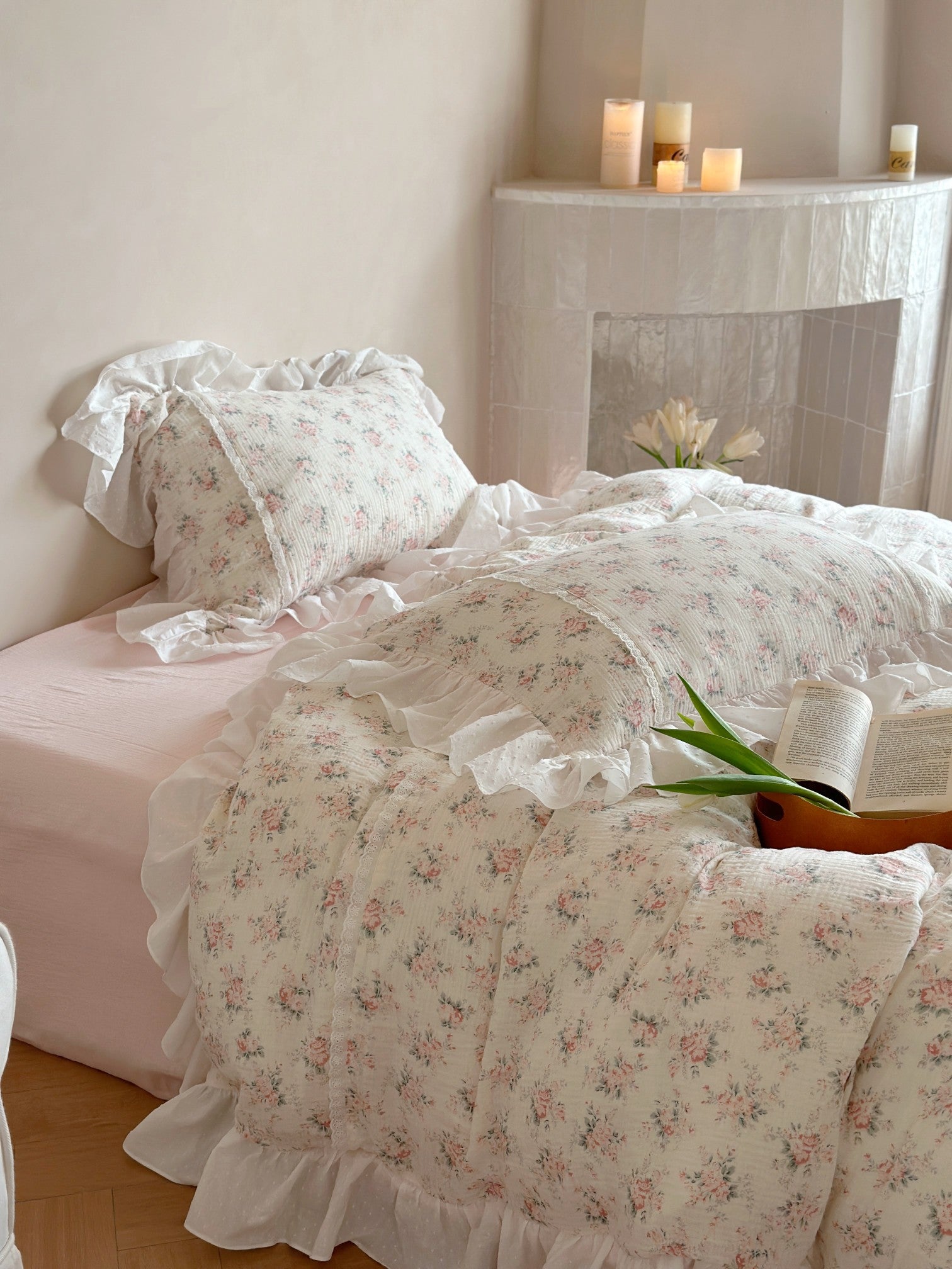 Blush Rose Garden Ruffle Cotton Muslin Duvet Cover original reference image 4