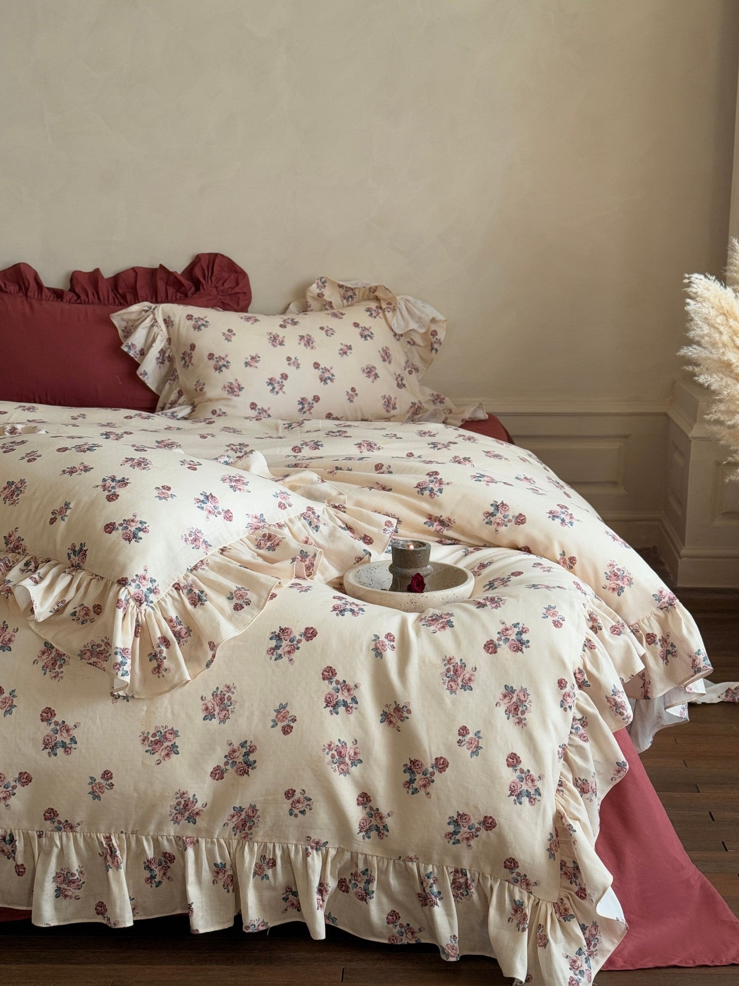 Burgundy Rose Bouquet Ruffle Cotton Muslin Duvet Cover original reference image 1