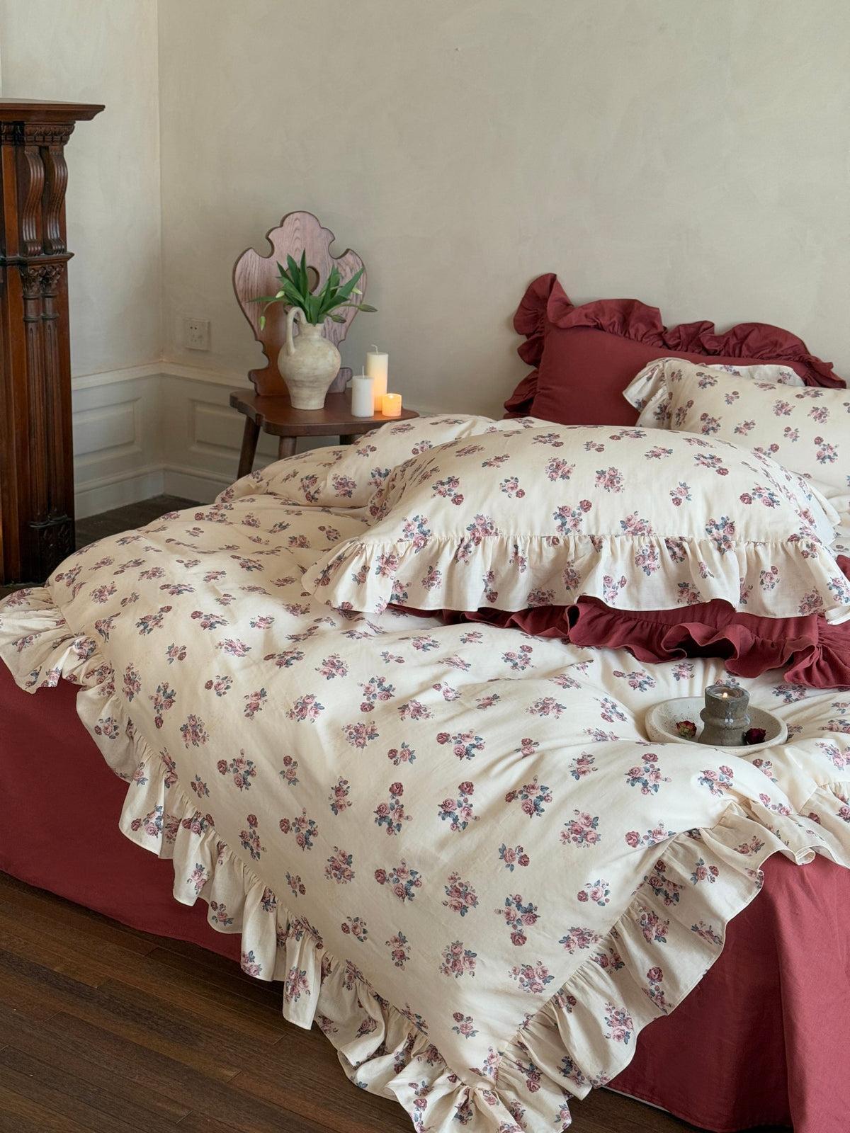Burgundy Rose Bouquet Ruffle Cotton Muslin Duvet Cover original reference image 8