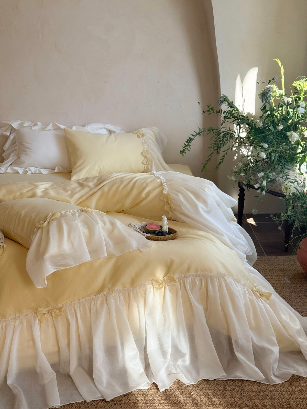 Buttercream Ruffle Organza Trim Sateen Duvet Cover original reference image 2