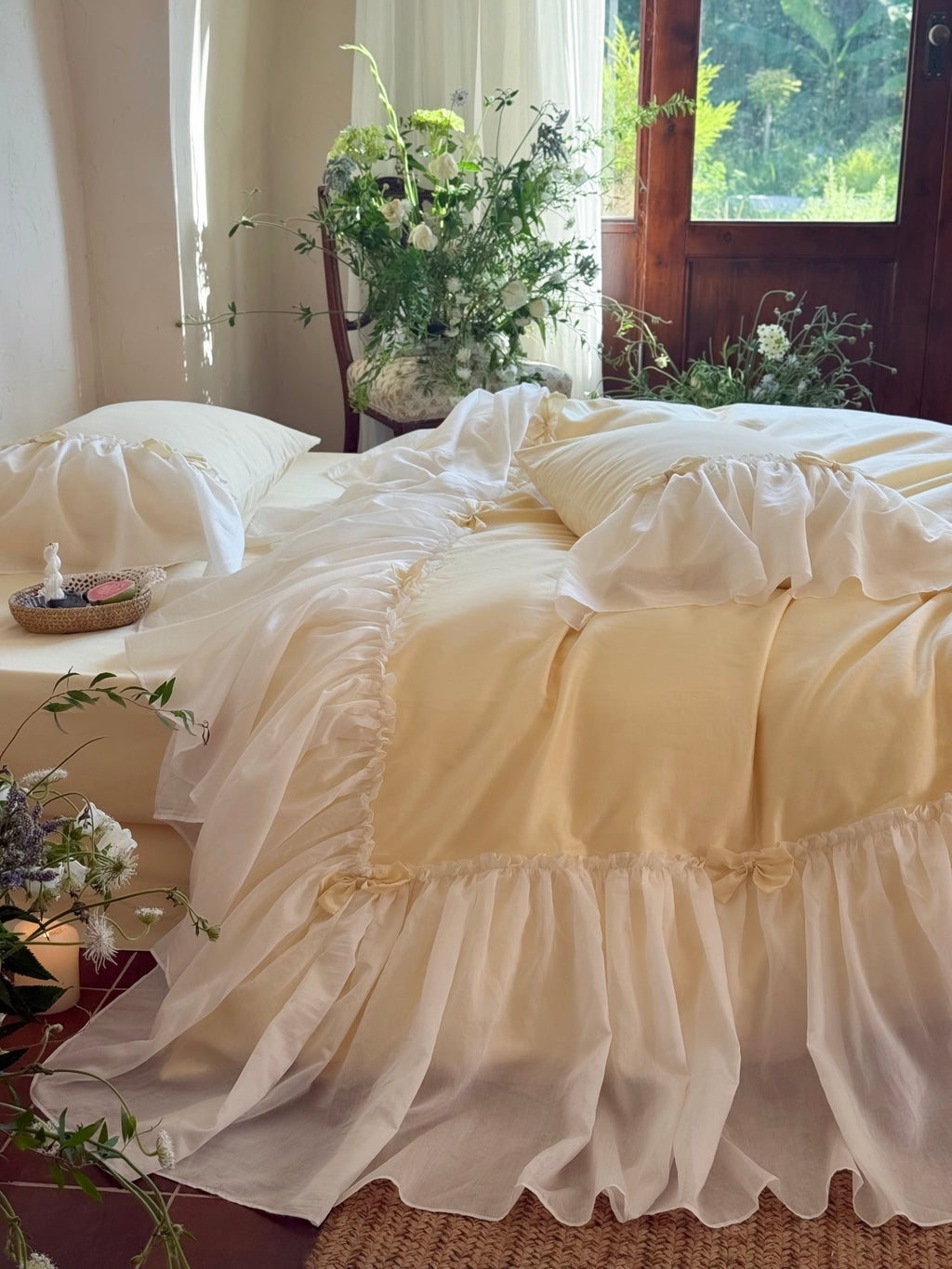Buttercream Ruffle Organza Trim Sateen Duvet Cover original reference image 3