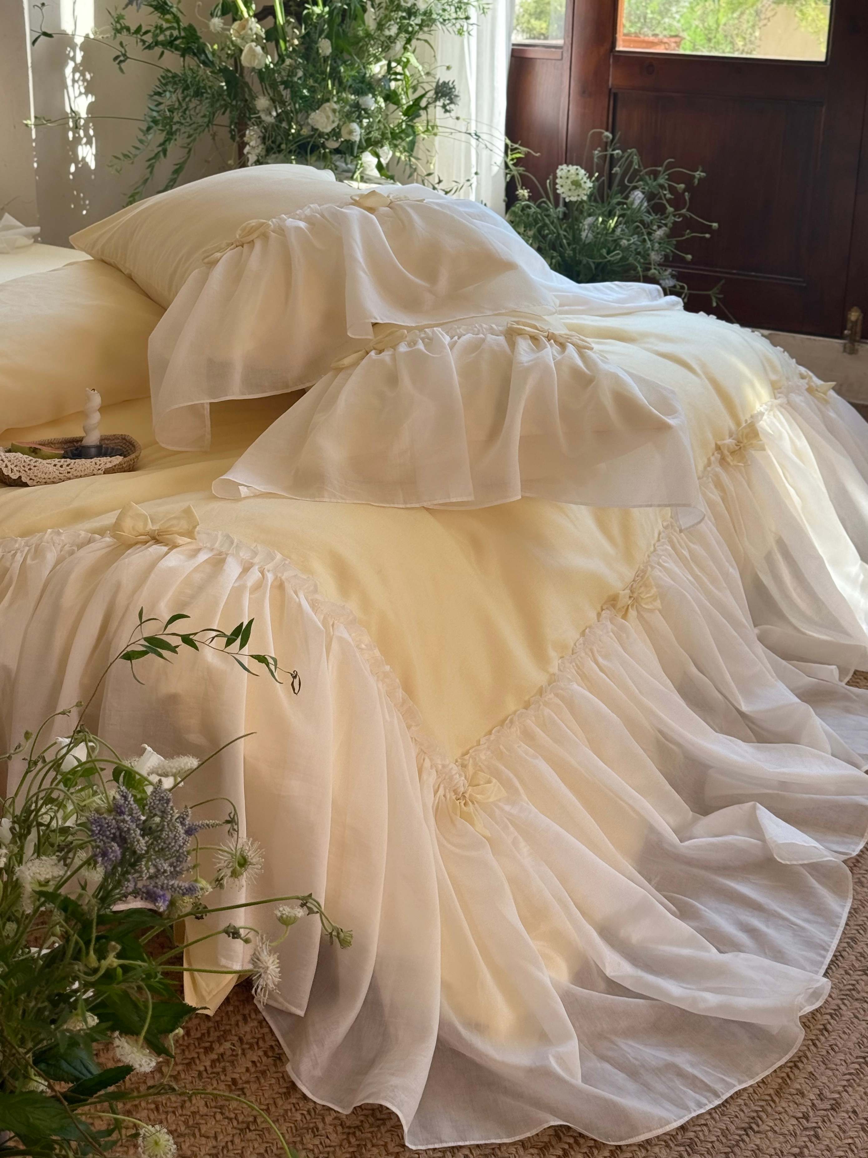 Buttercream Ruffle Organza Trim Sateen Duvet Cover original reference image 5