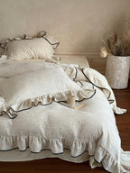 Ivory Black Piped Ruffle Cotton Muslin Duvet Cover original reference image 2
