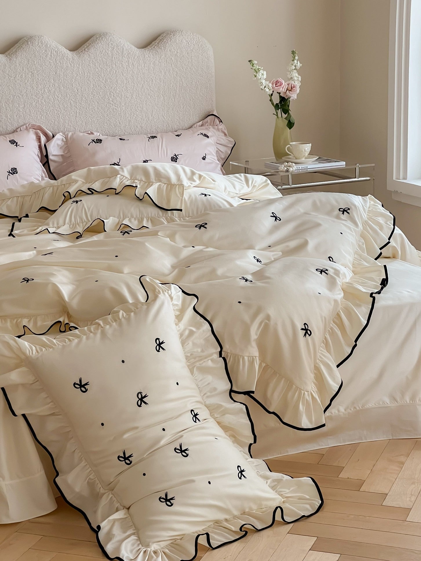 Ivory Bow Embroidery Ruffle Cotton Sateen Duvet Cover original reference image 5