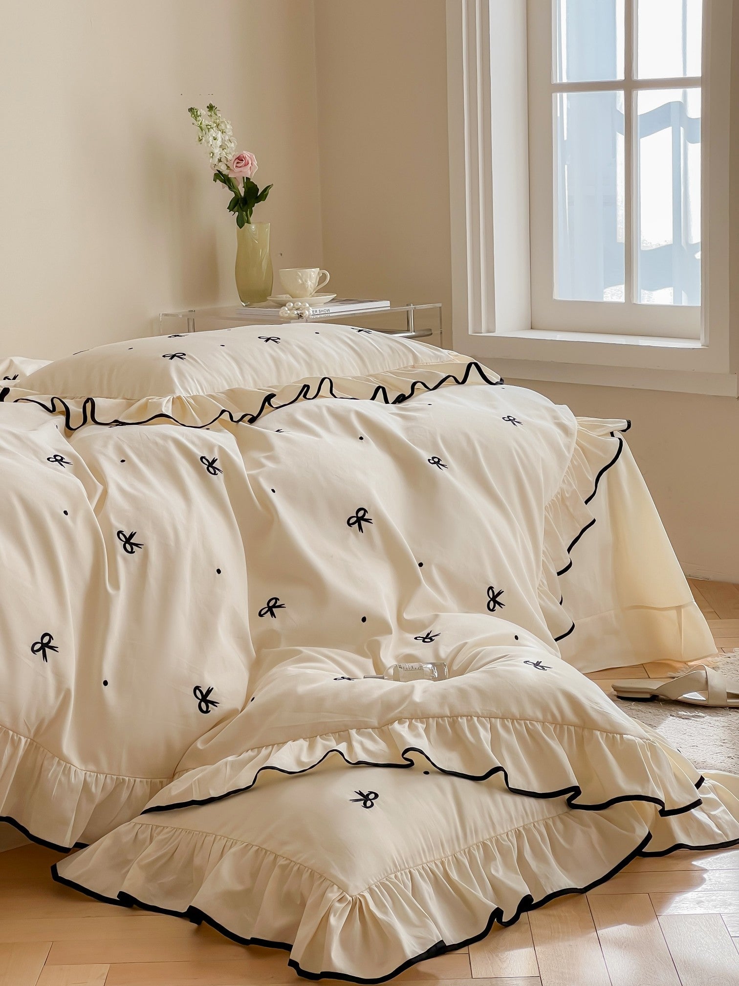 Ivory Bow Embroidery Ruffle Cotton Sateen Duvet Cover original reference image 6