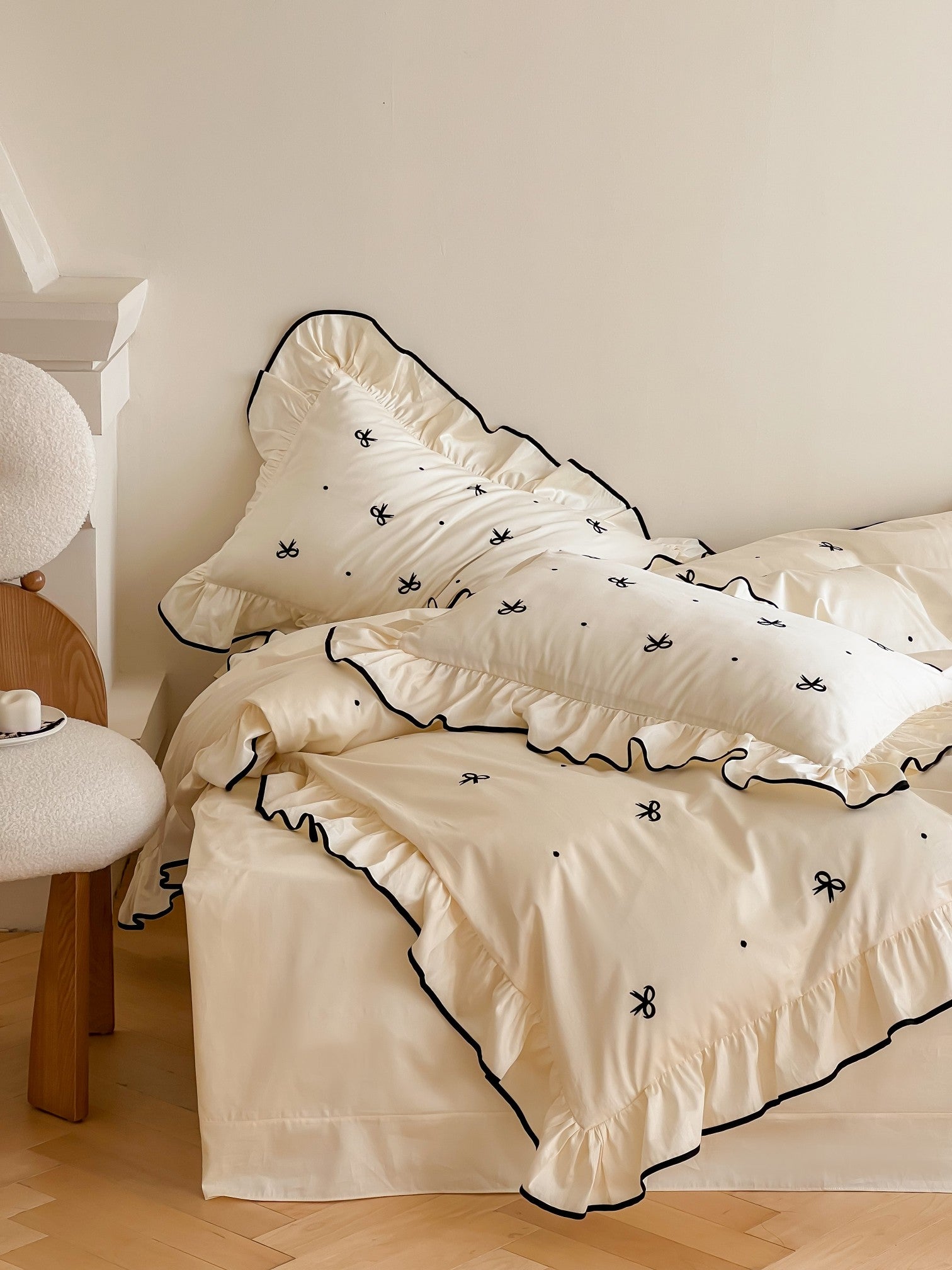 Ivory Bow Embroidery Ruffle Cotton Sateen Duvet Cover original reference image 7