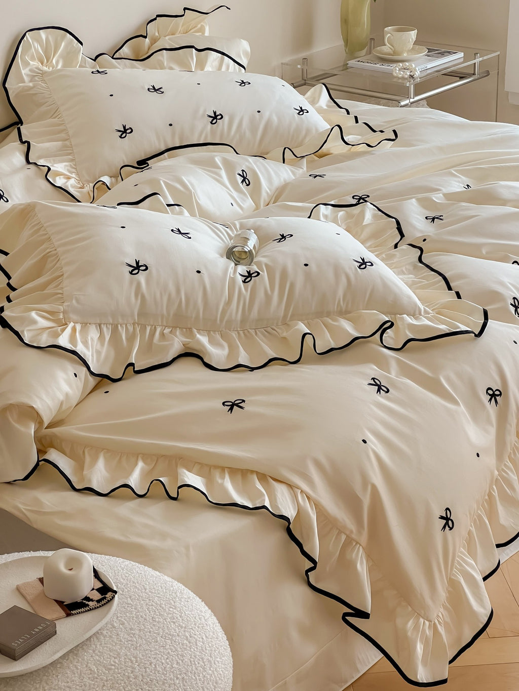 Ivory Bow Embroidery Ruffle Cotton Sateen Duvet Cover original reference image 8