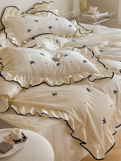 Ivory Bow Embroidery Ruffle Cotton Sateen Duvet Cover original reference image 8