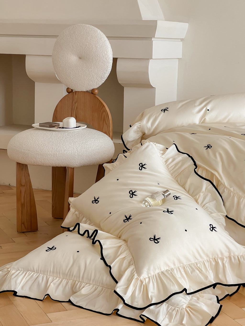 Ivory Bow Embroidery Ruffle Cotton Sateen Duvet Cover original reference image 10
