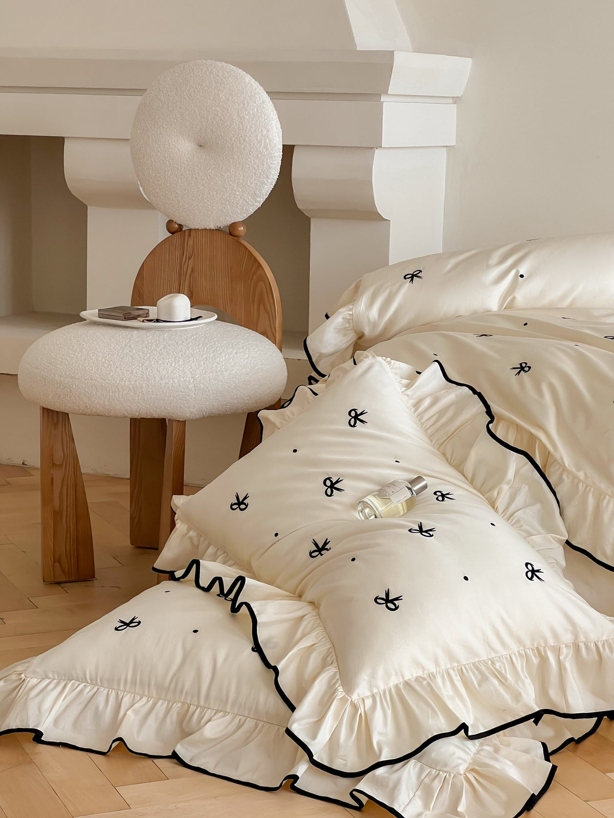 Ivory Bow Embroidery Ruffle Cotton Sateen Duvet Cover original reference image 10