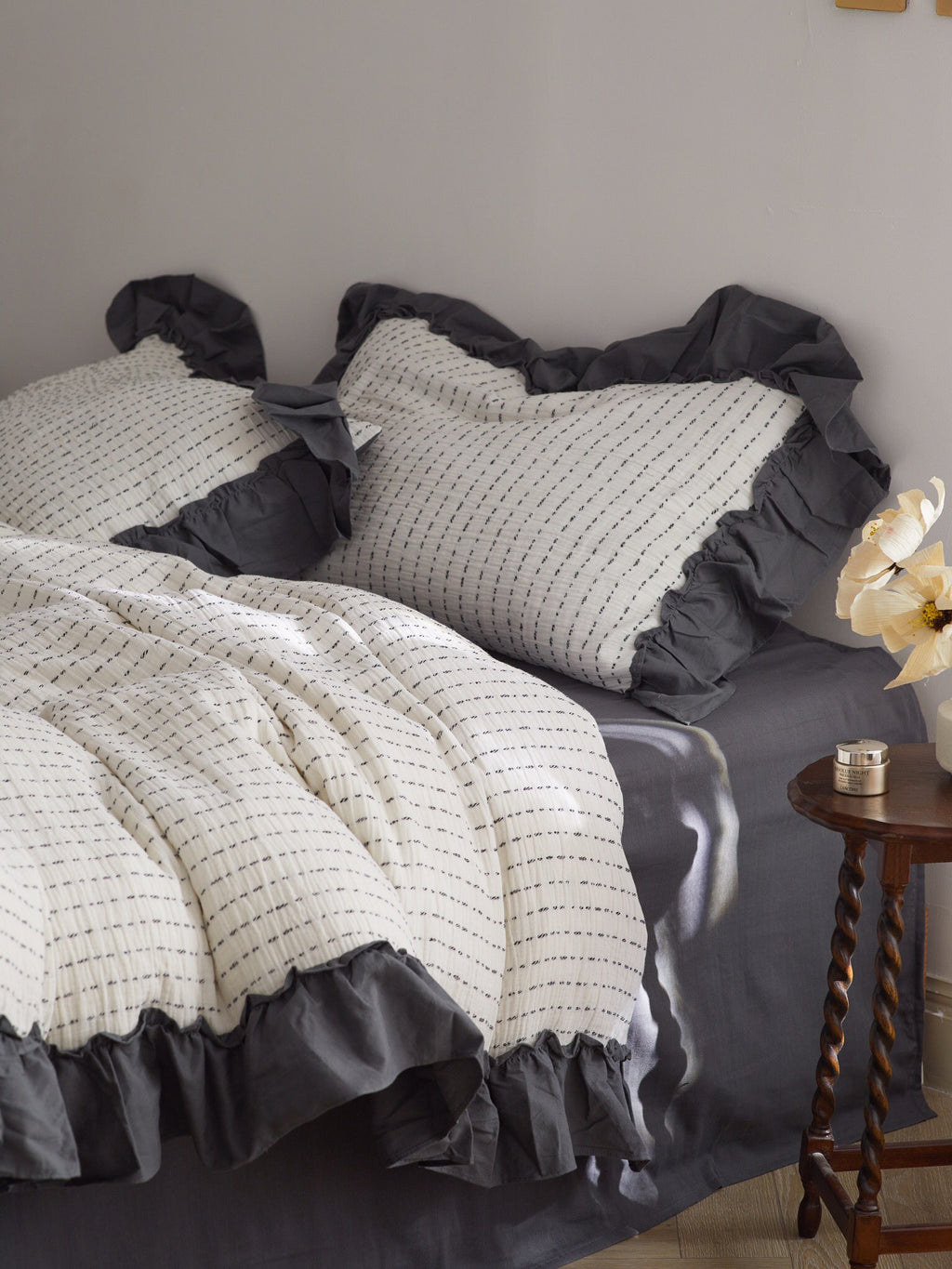 Ivory Charcoal Ruffle Stripe Cotton Muslin Duvet Cover original reference image 1