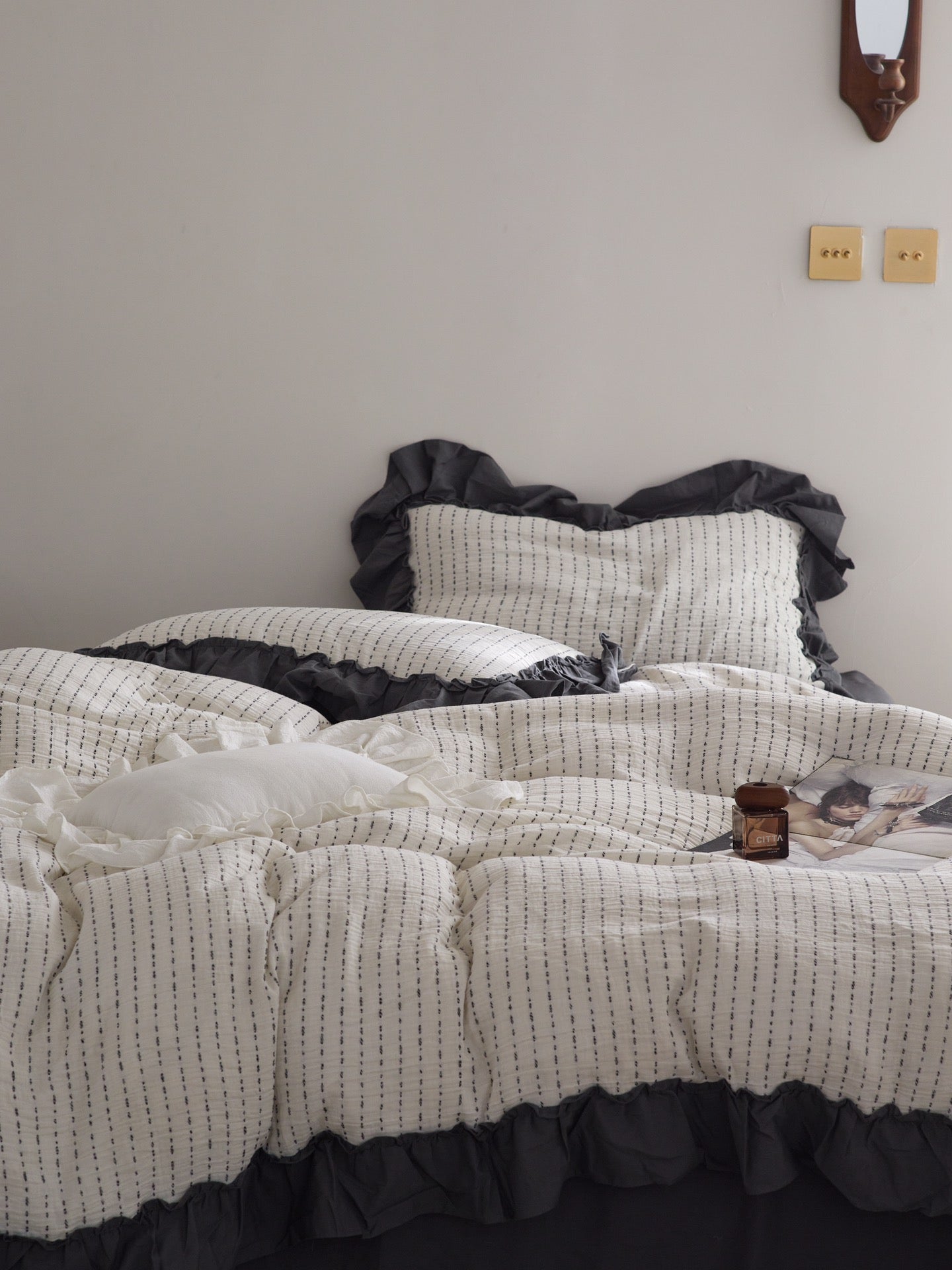 Ivory Charcoal Ruffle Stripe Cotton Muslin Duvet Cover original reference image 2