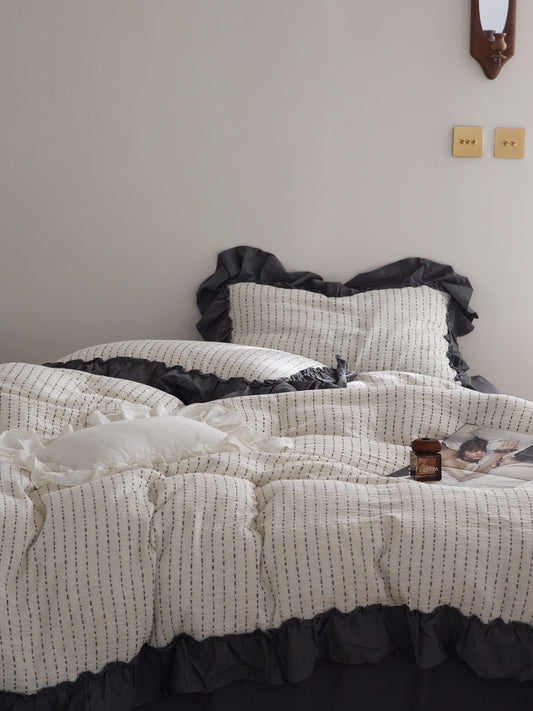 Ivory Charcoal Ruffle Stripe Cotton Muslin Duvet Cover original reference image 2