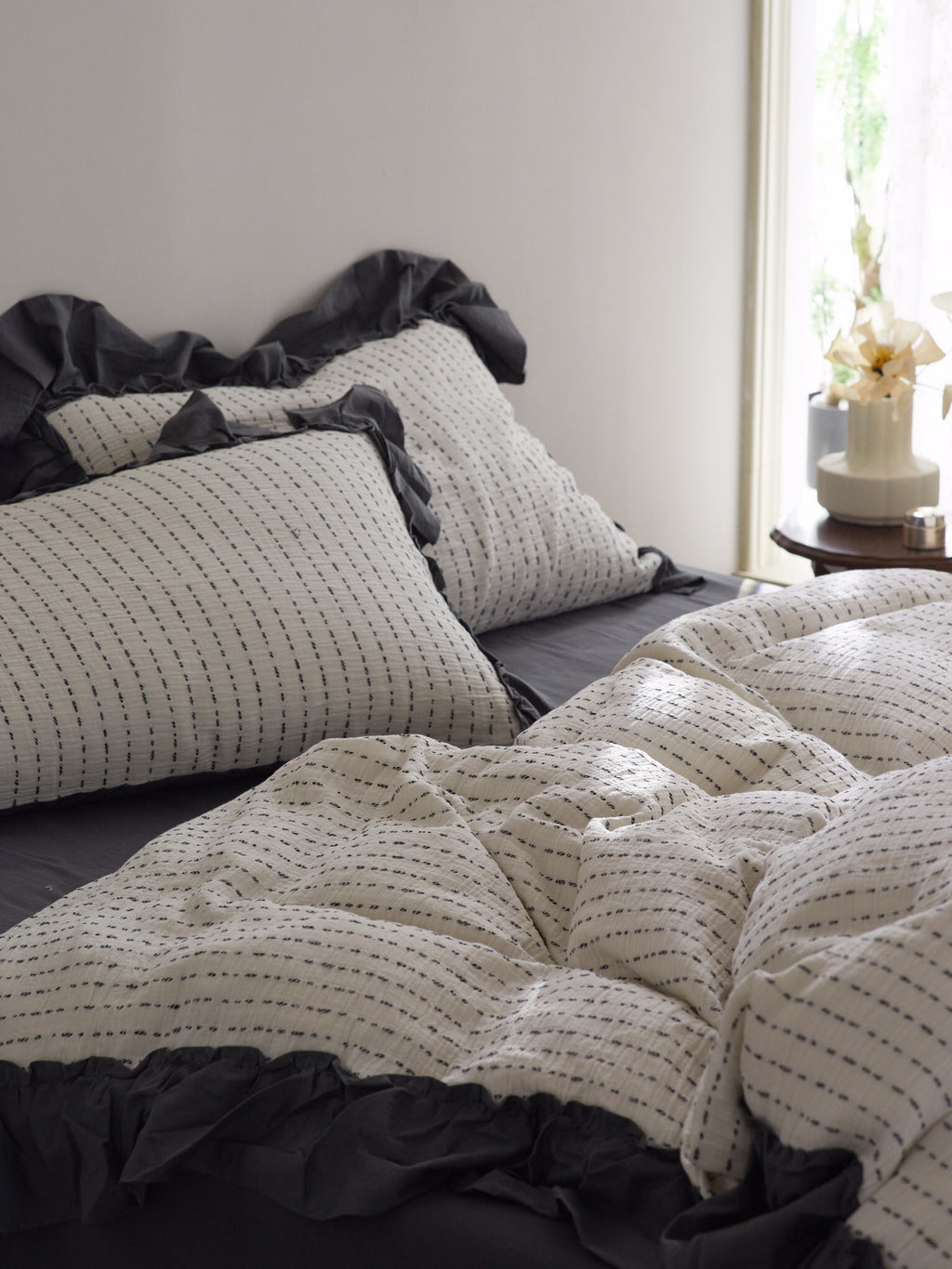 Ivory Charcoal Ruffle Stripe Cotton Muslin Duvet Cover original reference image 3