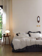 Ivory Charcoal Ruffle Stripe Cotton Muslin Duvet Cover original reference image 4