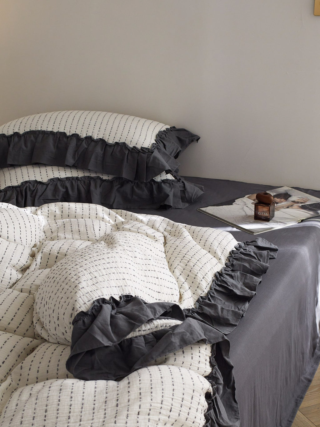 Ivory Charcoal Ruffle Stripe Cotton Muslin Duvet Cover original reference image 6