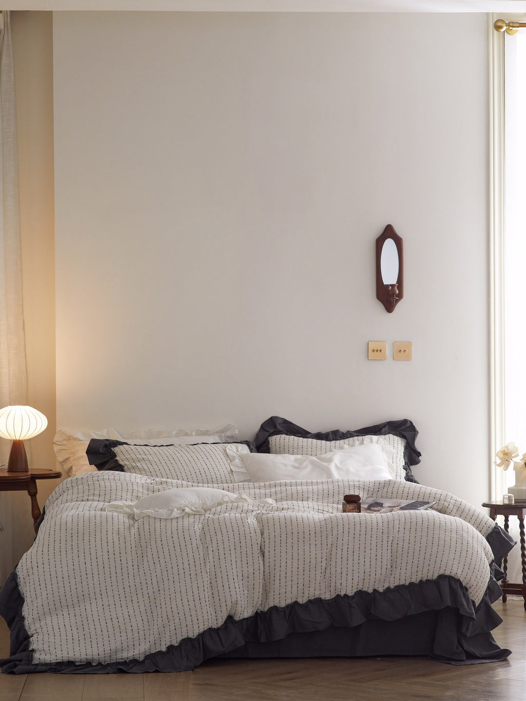 Ivory Charcoal Ruffle Stripe Cotton Muslin Duvet Cover original reference image 8