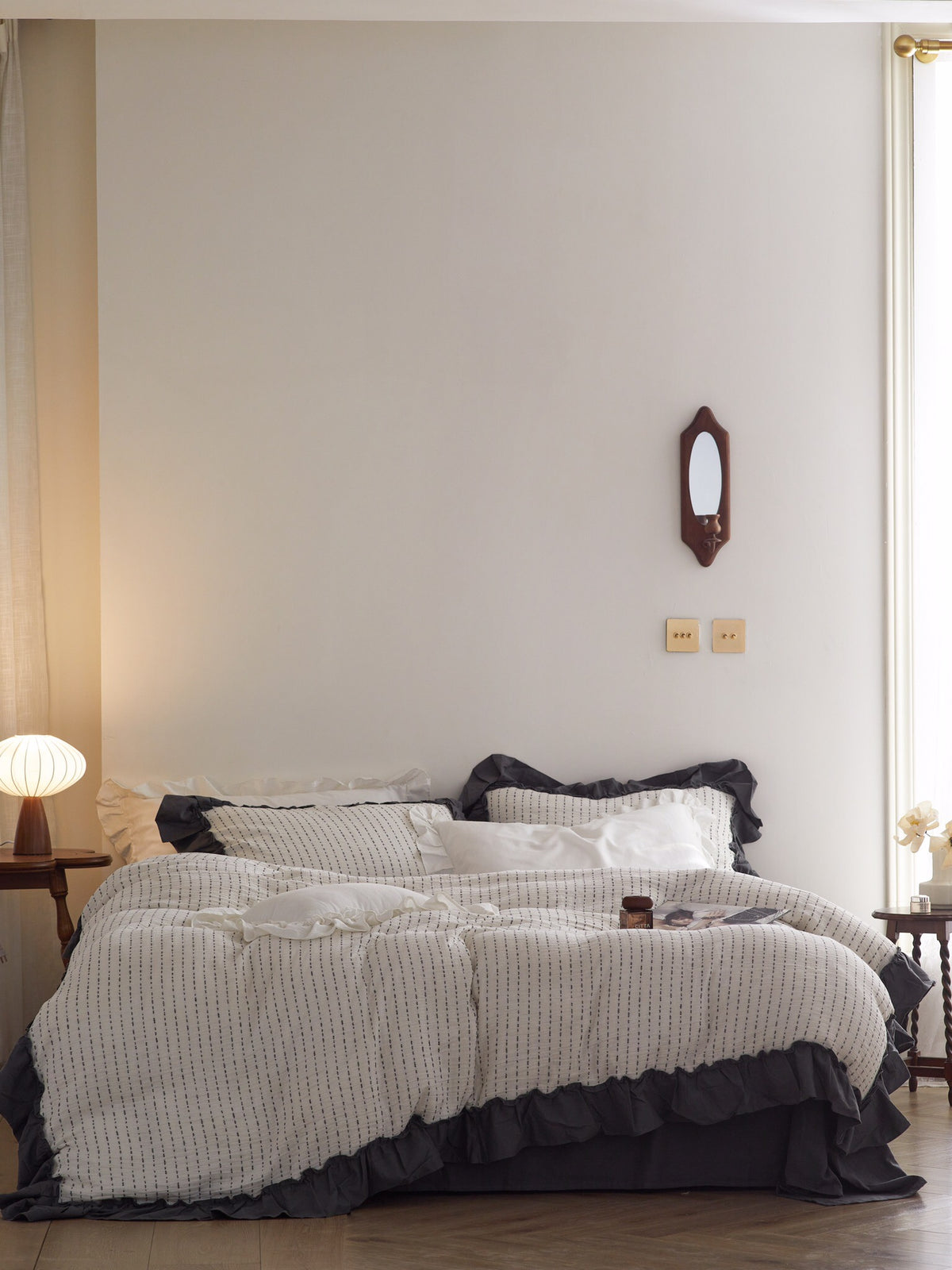 Ivory Charcoal Ruffle Stripe Cotton Muslin Duvet Cover original reference image 8