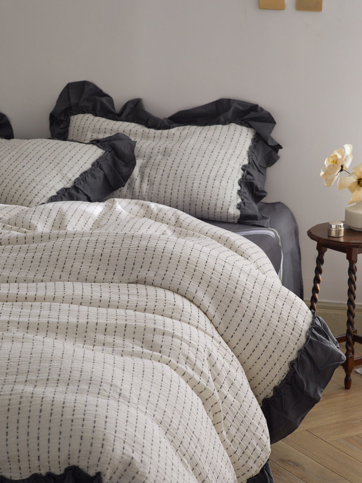 Ivory Charcoal Ruffle Stripe Cotton Muslin Duvet Cover original reference image 9