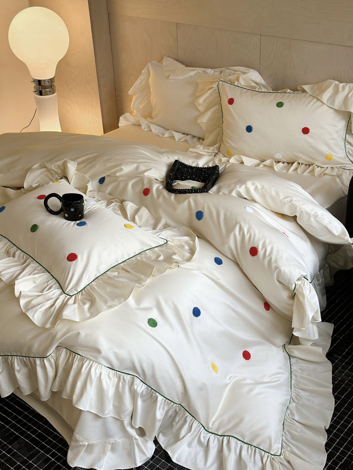 Ivory Color Dot Ruffle Cotton Sateen Duvet Cover original reference image 1
