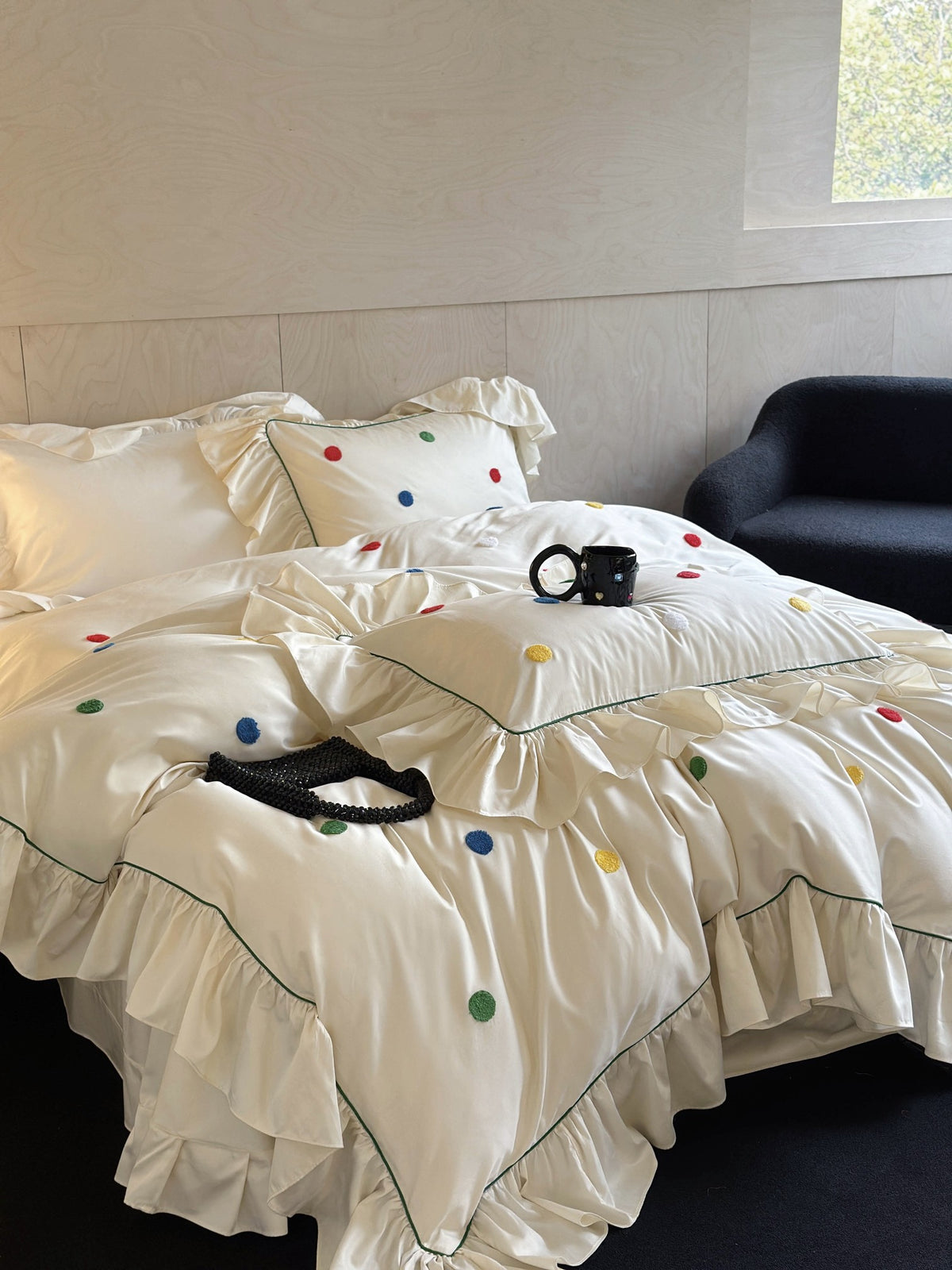 Ivory Color Dot Ruffle Cotton Sateen Duvet Cover original reference image 3