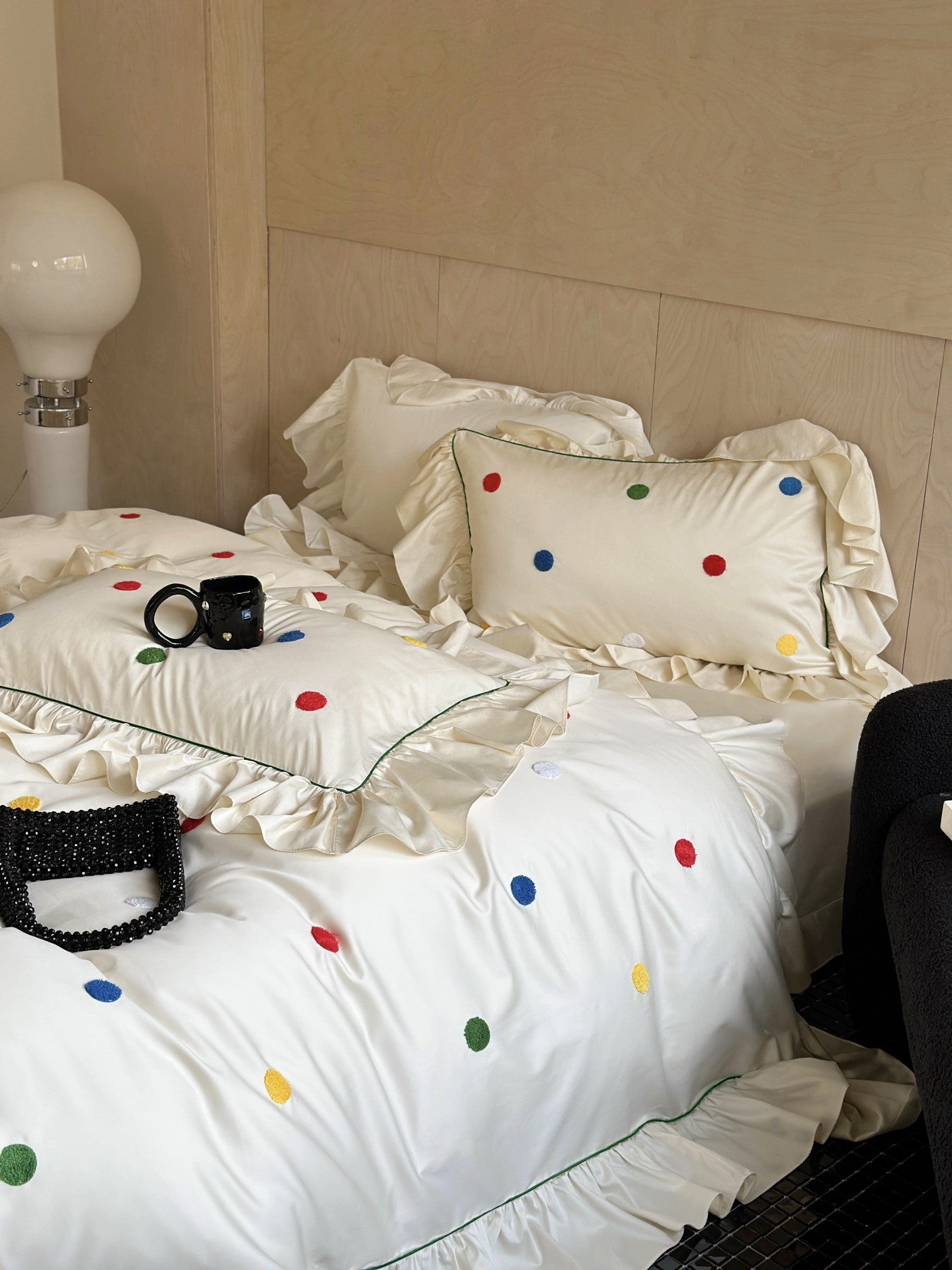 Ivory Color Dot Ruffle Cotton Sateen Duvet Cover original reference image 4