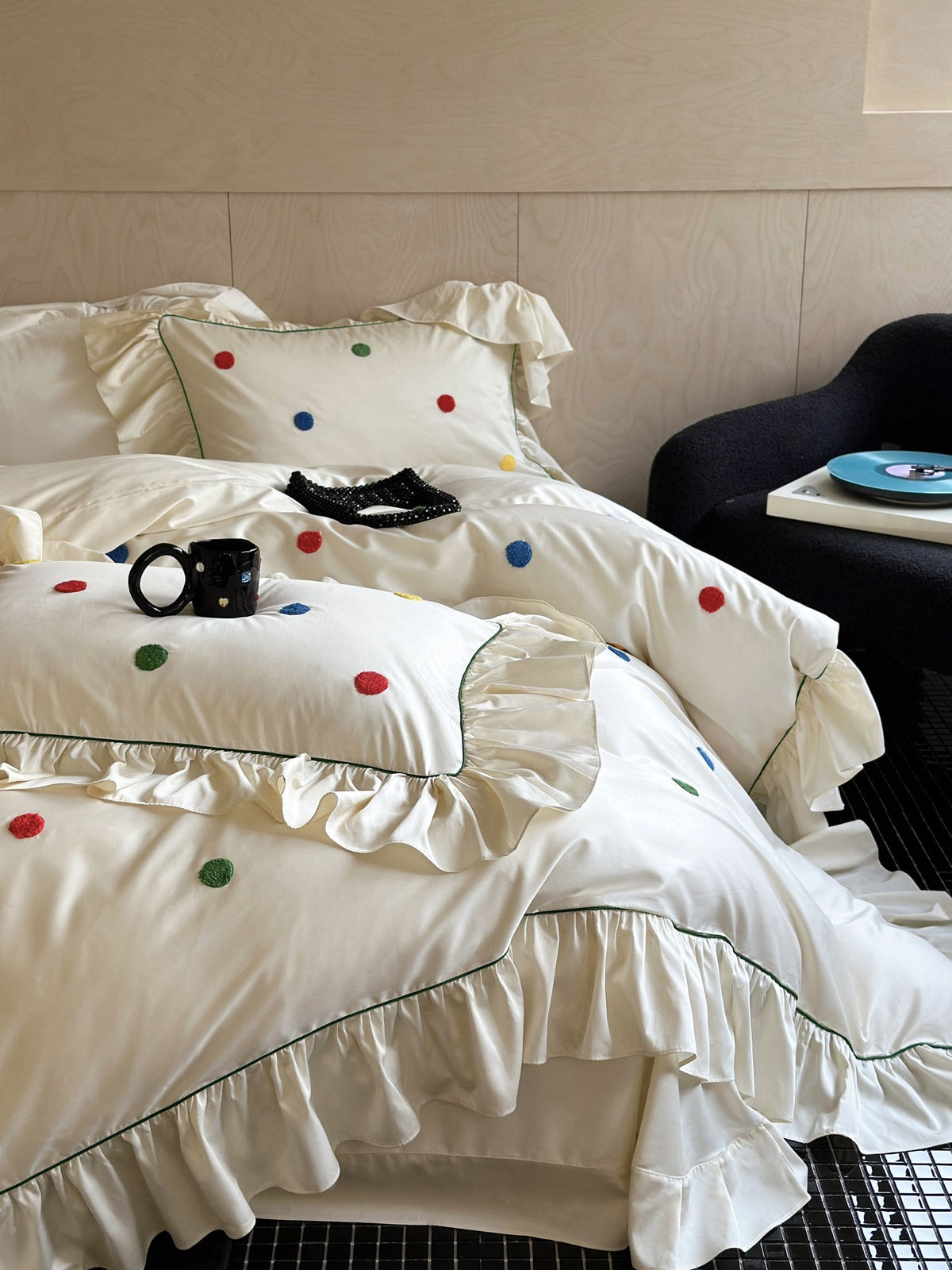 Ivory Color Dot Ruffle Cotton Sateen Duvet Cover original reference image 5