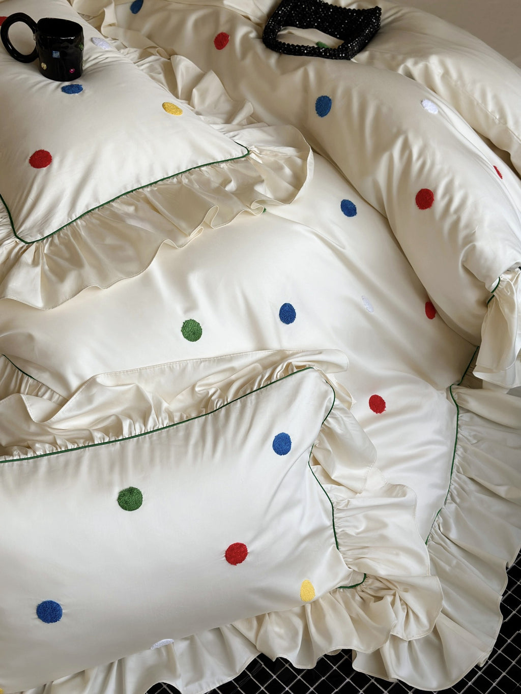 Ivory Color Dot Ruffle Cotton Sateen Duvet Cover original reference image 7