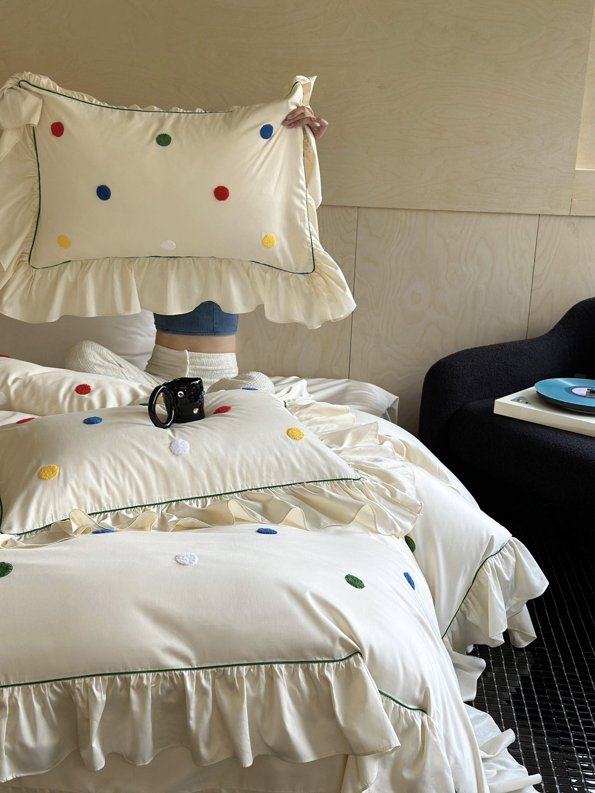 Ivory Color Dot Ruffle Cotton Sateen Duvet Cover original reference image 9