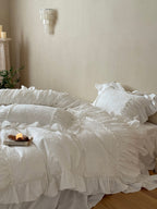 Ivory Lace Medallion Ruffle Cotton Jacquard Duvet Cover original reference image 1
