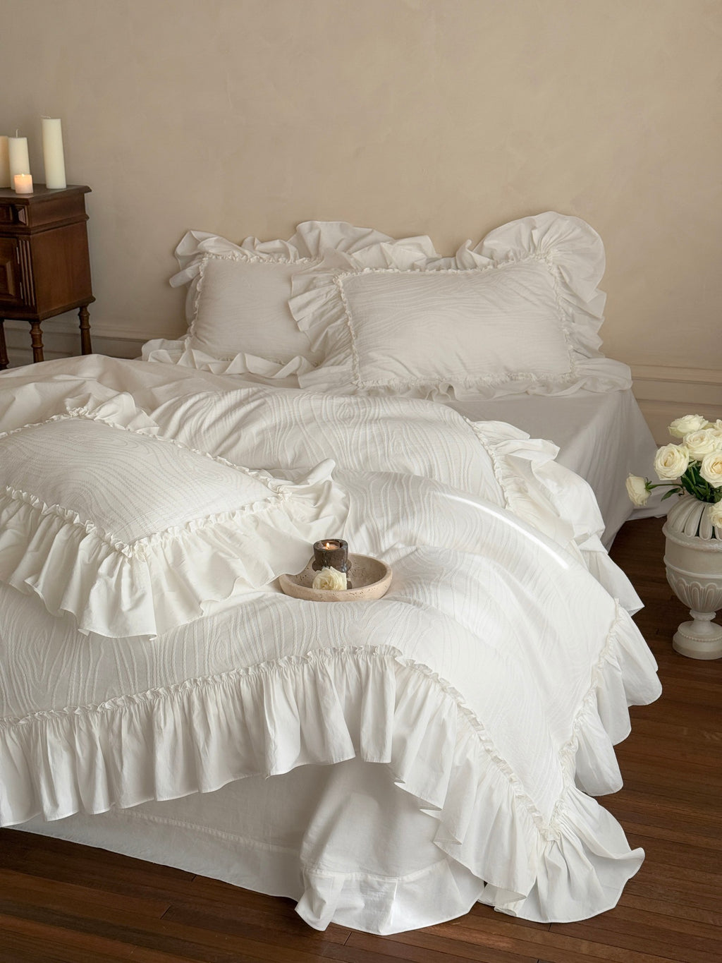Ivory Textured Stripe Ruffle Cotton Muslin Duvet Cover original reference image 1