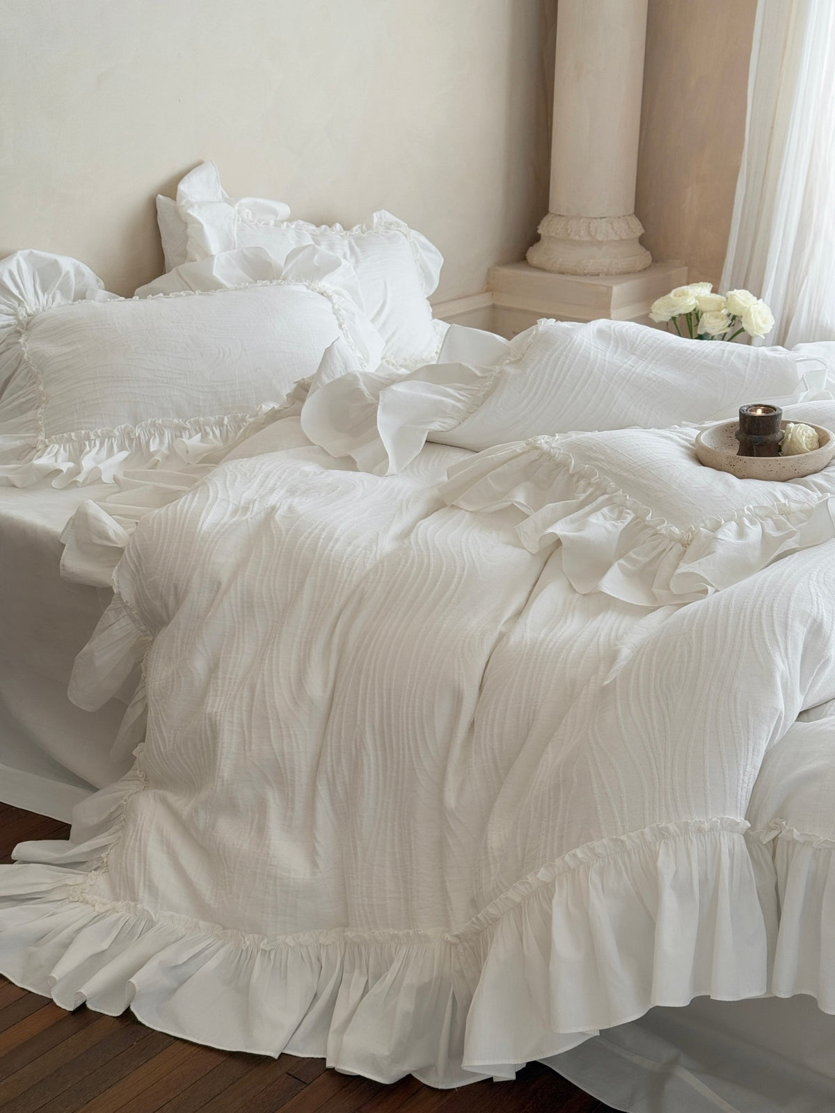 Ivory Textured Stripe Ruffle Cotton Muslin Duvet Cover original reference image 4