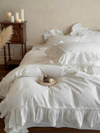 Ivory Textured Stripe Ruffle Cotton Muslin Duvet Cover original reference image 5