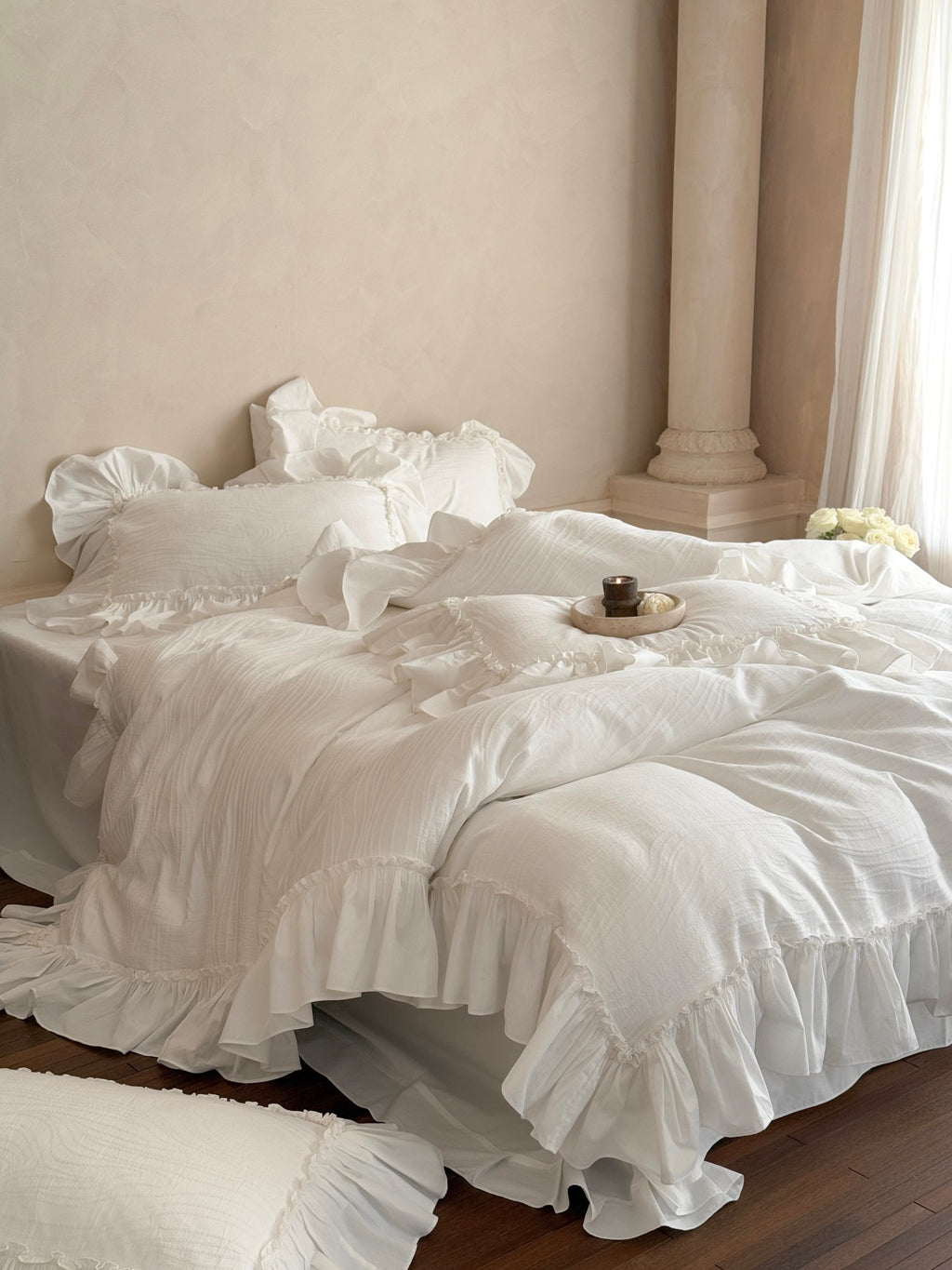 Ivory Textured Stripe Ruffle Cotton Muslin Duvet Cover original reference image 6